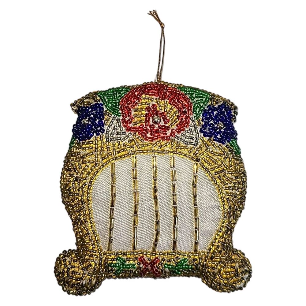 Vintage Handmade Glass‎ Beaded Plush Mandolin Lute Harp Christmas Ornament Music - Picture 3 of 4